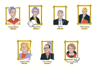 seven illustration portraits of county librarians past and present
