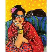 Painting of a woman and cat sitting on a blue couch set against a yellow background.