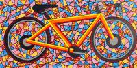 Painting of a bicycle against a background of colorful, geometric shapes.
