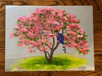 Painting of a tree with pink blooms and a purple kite stuck in the branches.