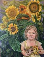 Painting of a child in a patch of sunflowers.
