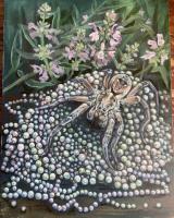 Painting of a tarantula climbing on pearl necklaces.