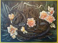 Painting of a black snake draped in chains and slithering over flowers.