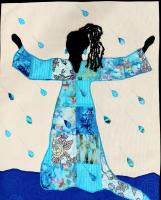 Textile of a woman standing in the rain wearing a blue patchwork dress.