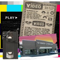 Compilation image with color bar test screen with a black scratched playback screen, National Video Ad, photo of the video library and a VHS Tape