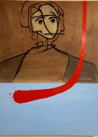 Abstract painting of a person on blue and black background.