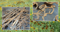 images of metal sculptures in the shapes of prairie plants, over a background of a prairie full of mexican hat coneflowers
