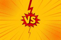 A yellow background with a comic book style "versus" in the middle