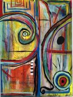 Colorful abstract painting of lines, shapes and forms.