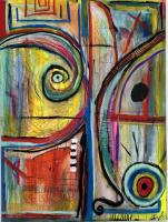 Colorful abstract painting of lines, shapes and forms.