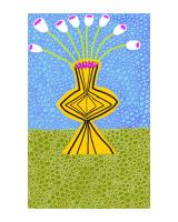 Brightly colored painting of an abstract vase and flowers, with patterned foreground and background.