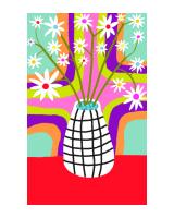 Brightly colored painting of a vase and flowers, with a patterned background and red foreground.