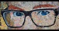 Mixed media portrait of a man in glasses.