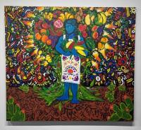 A piece of art featuring multicolored, stained glass looking background with a person carrying fruit and art in the foreground
