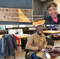 photo collage of a wooden trail sign, a woman (Rashel Hughley) posing with a cnc router, and a man (Samuel Landu) in the makerspace with some of his clothing creations