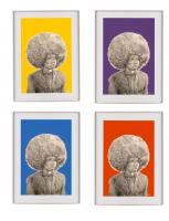 Four identical drawings of a woman with four different background colors.