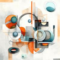 Digital image of orang and blue circles, with rectangular shapes in the background.