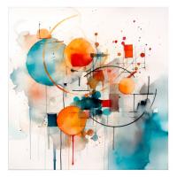Digital image of circles, splatters and drips in oranges and blues.