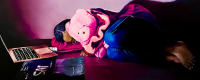 Painting of a young girl curled up on the couch napping and holding a big pink teddy bear.