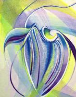 Abstract floral watercolor in green, blue and purple.