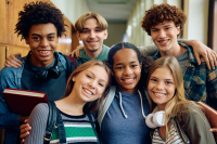 Photograph of 6 ethnically diverse smiling teenagers posed for a photo.