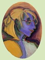 Abstract portrait of a woman painted in purple, green and yellow.