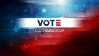 Illustrated graphic with the words vote and elections 2024 on an abstract red and blue American-themed background.