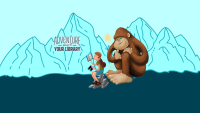 Illustration of Bigfoot seated looking over a child's should while reading with moutains in the background and text Adventure Begins at Your Library