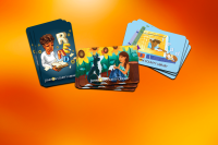 Three Library card designs on an orange background.