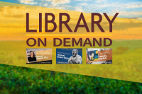 Text reading Library on Demand appears over a blurred prairie landscape with three video icons.