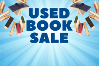 Books flying through the air with text used book sale on a blue background.