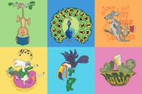 Six colorful animal drawings interacting with books and letters