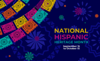 Text: National Hispanic Heritage month September 15 to October 15 on a decorative blue background with papel picado banners.