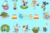 Illustration with the six by six characters surrounding the 6 by 6 logo accompanied by birthday cakes.
