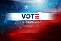 Abstracr red white and blue background with a white banner with text: vote elections 2024
