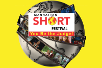 Text: MANHATTAN SHORT FESTIVAL You be the judge over a loog comprised of filmstrips wrapping a globe on a yellow background. a 
