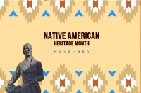 Photo of Na-Nex-Se, wife of Shawnee Chief Thomas Blackhoof sculpture on themes patterned background with text Native American Heritage Month Novemeberr