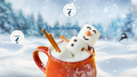 A marshmallow snowman uses a mug of hot cocoa as a hot tub in a snowy winter scene.