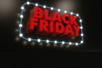 Graphic illustrated text reading "Black Friday" in red letters surrounded by bright lights on a black background.