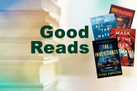 Good reads text over a blurred book background and book covers scattered on top of one another.