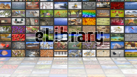 e-Library text over a collage of video screens