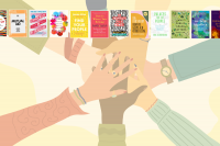 Various book jacket covers over an illustrated background of hands joining.