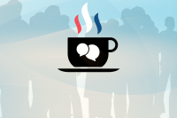 Illustration of a coffee cup with speech bubbles on it and red, white and blue steam rising from cup in front of a silhouetted group of people.