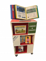 Photo of a rolling book display cart with career and finance books.