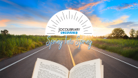 Collage photo of an open book with a road leading into the distance with the JoCoLibrary Uncovered logo setting on the tree-lined horizon.
