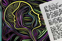 Conceptual illustration of a blurred poem on a rough edged page an a background of colorful curved lines creating faces.