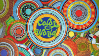 Colorful abstract illustration with rings of patterns inside circles with the words color your world.