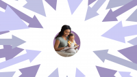 Photo of a woman with a child on her lap seated and reading a book with illustrated arrows surrounding and pointing to them.
