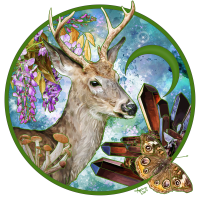 A green circle frames this painting of a deer. Its antlers extend slightly beyond the frame of the painting. There are trailing purple flowers, red crystals, and a gold butterfly around the edge of the frame.
