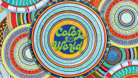 Colorful abstract illustration with rings of patterns inside circles with the words color your world.
